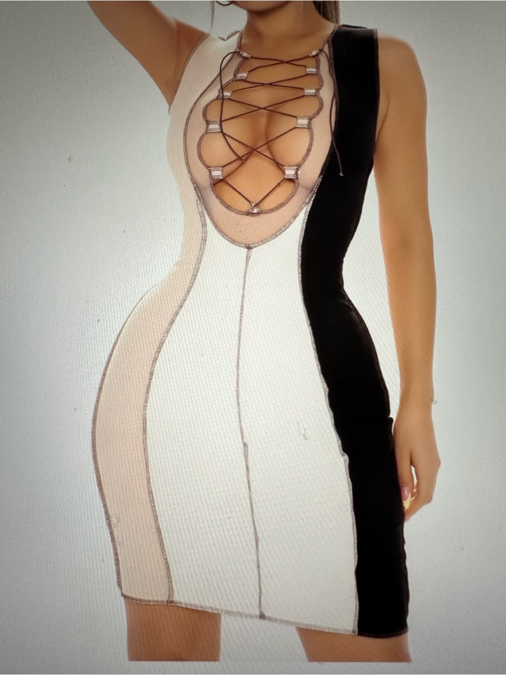 Fashion Nova Two-Tone Lace-Up Panel Mini Dress in Cream and Black